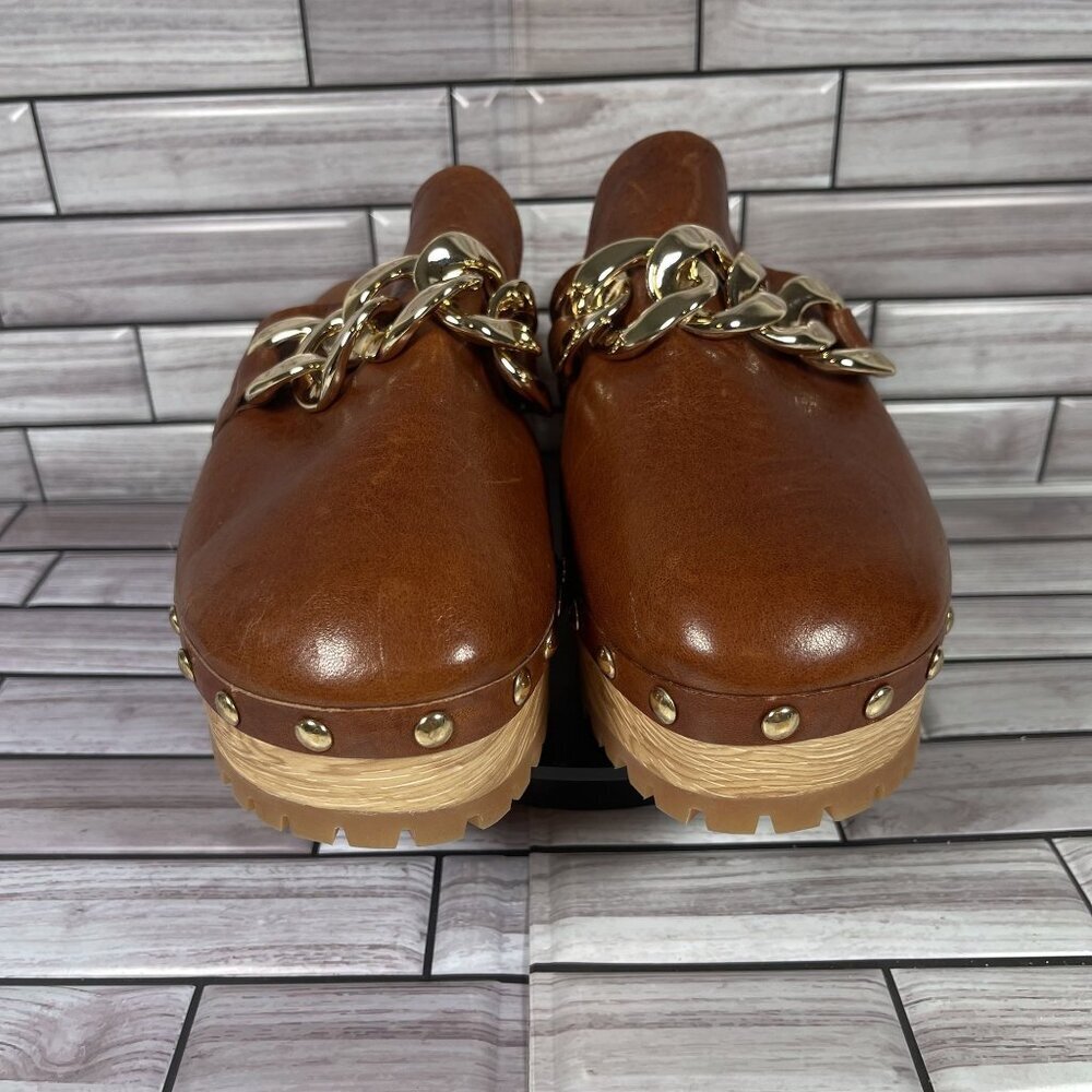 Lisa Vicky Brown Leather Mules with Gold Chain - Picture 3 of 10